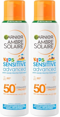 Garnier Ambre Solaire SPF 50+ Kids Anti-Sand Mist, Children's Sun Protection Spray, Non-Greasy and Fast-Absorbing, Water- and Sand-Resistant, Hypoallergenic, Sensitive Advanced, 150 ml (Pack of 2)