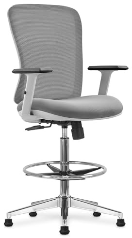 Fauteuil Haut de Bureau, Réglable en hauteur 60-84 cm avec repose-pieds, Accoudoirs réglables et Roulettes ou Pieds fixes, pour bureau haut, table à dessin, table haute, caisse, comptoir, Gris clair