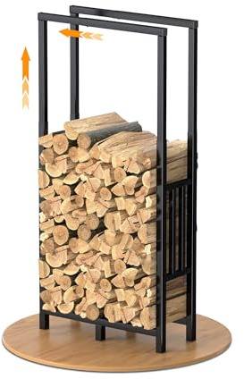 HFHOME Étagère à bûches d’intérieur réglable en hauteur et en longueur, rangement pour bois de chauffage adapté à une utilisation extérieure, support en métal avec tapis antidérapant pour cheminée et