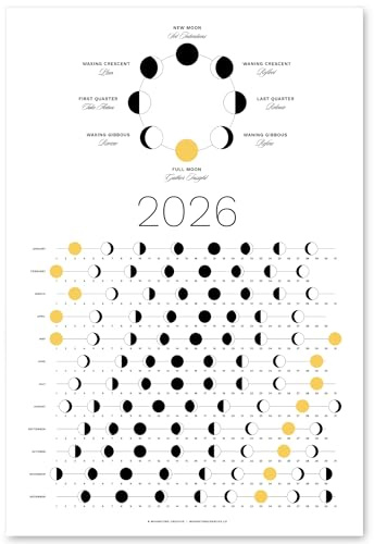 2026 Light Moon Phase Calendar (SHIPS FLAT) Hangable Lunar Wall Poster - Great as a Unique Gift, Moon Tracking, Décor & Art, Astrology - Celestial Calendar for Home & Office by Thankful Greetings