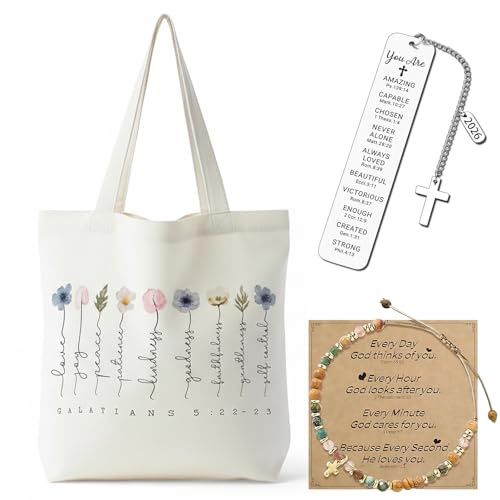 YciVhh Christian Gifts for Women, 3 Pcs Set Christian Gifts, Tote Bag, Bracelet and Bookmark, Ideal for Daily Use and Special Occasions, for Baptism Communion Everyday Faith