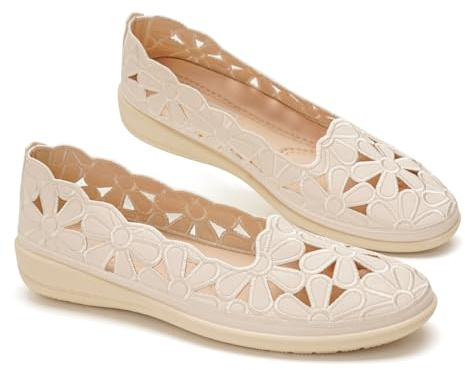 GLAMORA Bailarinas Mujer cómodas Verano, Zapatos con cuña Baja Calado Floral Transpirables, Suela Flexible Antideslizante, Plantilla Acolchada Confort beige-39