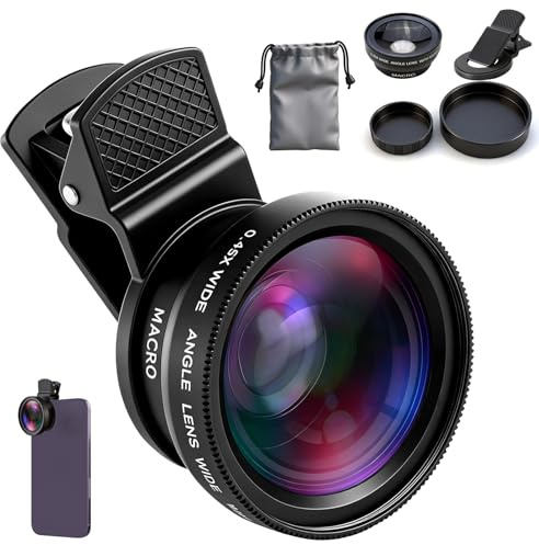 Lente Macro para Movil 2 en 1 Kit de Lentes de Cámara Gran Angular 0.45X y Macro 12.5X Objetivo para Movil Zoom Teleobjetivo Compatible con la Mayoría de Smartphones