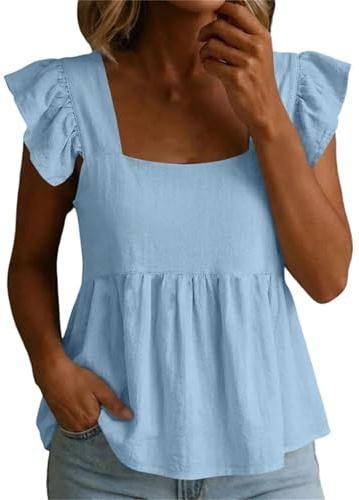 Générique Blouse Femme Été en Coton et Lin Haut Uni à Col Carré Manches Courtes Volantées Coupe Ample Froncée Chemisier Décontracté Chic pour Vacances Bureau et Quotidien