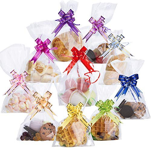 AUERVO 100PCS Clear Cellophane Treat Bags 6 X 10 Clear Resealable Flat Cello Bags Sweet Party Gift Bags OPP Plastic Bag with 100PCS Mix Colors Pull Bows for Candy, Soap, Cookie