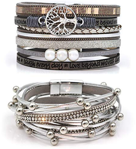 Suyi Set di Bracciali in Pelle Multistrato 2 Pezzi Bracciale Avvolgente Perline Braccialetti da Polso con Fibbia Magnetica per Donna Silver