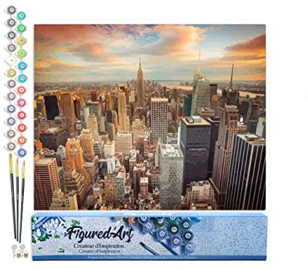 Figured'Art Pintar por Numeros Adultos Puesta Del Sol De Nueva York - Manualidades pintura acrilica Kit Cuadro DIY completo - 40x50cm sin bastidor