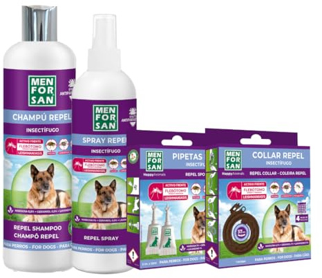 MENFORSAN, Pack de 4 Productos antiparasitarios para Perros, Contiene Cuatro Productos repelentes, Collar, Champú, Spray y Dos Unidades de pipetas Anti Insectos, Combate Cualquier Insecto