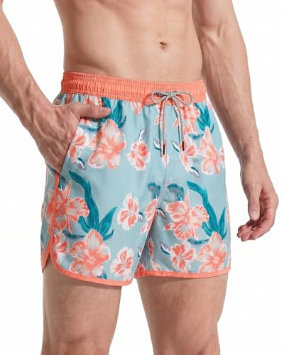 maamgic Costume Uomo Mare Vintage Asciugatura Rapida Costume da Bagno Pantaloncini Corto Swim Trunks con Fodera Rete e 3 Tasche Fiori Tropicali Rosa M