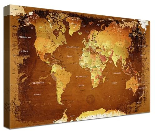 Stilvolle Pinnwand Weltkarte - Retro Bunt - Deutsch in 120 x 80 cm, stabile Rückwand zum Pinnen inkl. Starterkit - Leinwand-Kunstdruck Wandbild Landkarte XXL