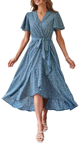 PRETTYGARDEN Women's Summer Floral Boho Dress Wrap V Neck Short Sleeve Ruffle A-Line Flowy Maxi Wedding Guest Dresses (Print Blue,XX-Large)