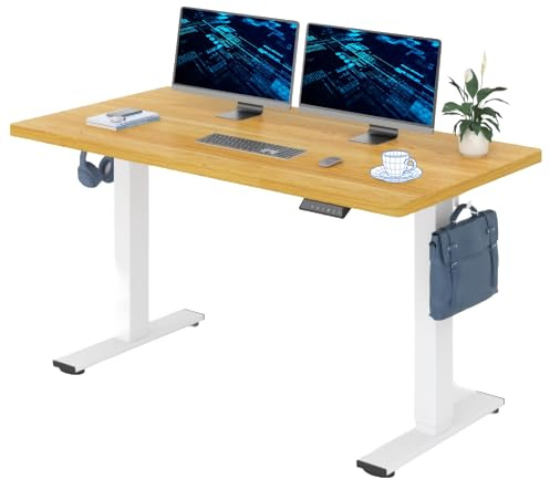 FLEXISPOT 160x80cm Electric Standing Desk Height Adjustable Desk ONE PIECE Sit Stand Desk Stand Up Desk with Memory Smart Pannel (White Frame+Maple Desktop)