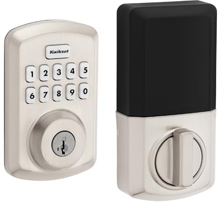 Kwikset Powerbolt 250 10-Button Keypad Satin Nickel Transitional Electronic Deadbolt Door Lock, Featuring Convenient Keyless Entry, Customizable User Codes, and Auto-Locking