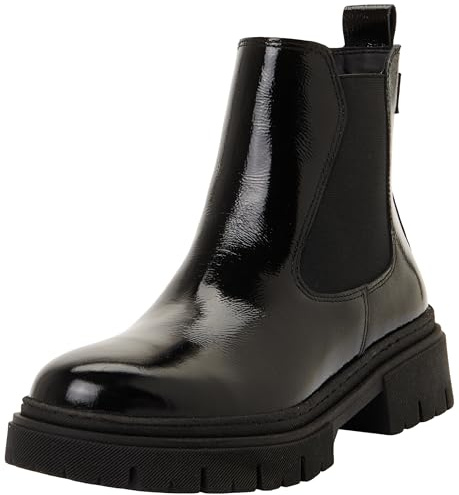 Tamaris Botines Chelsea de Piel para Mujer, Tacón Cuadrado, Cómodos, Negro Charol, 38 EU