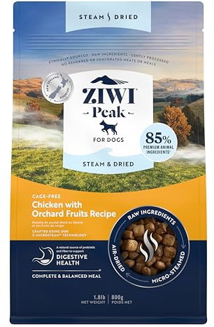 ZIWI Peak Steam & Dried Käfigfreies Huhn mit Obstgartenfrüchten 800g - proteinreiches, getreidefreies Hundefutter trocken, rohes Hundefutter Alternative