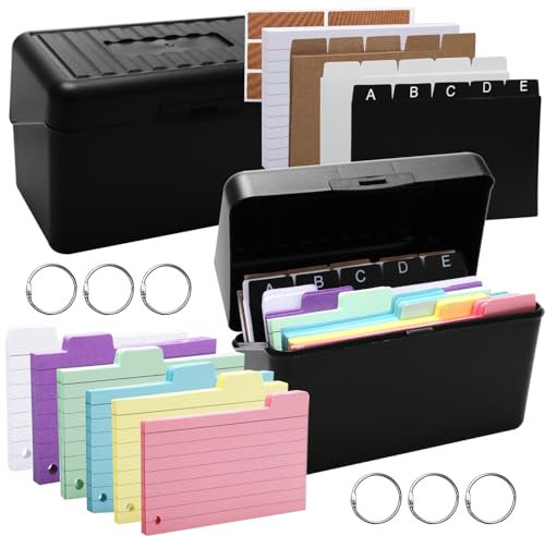 Karteikarten mit Box Schwarz Lernkarteibox mit Karten Karteikartenboxen und Karteikarten, Karteikartenset mit Bindering 230 Karteikarten A7, 15 Register 6 Ringen 6 Aufkleber