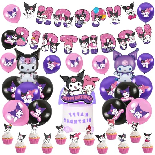 Cartoon Birthday Party Supplies, Cute Birthday Balloons Decoration for Girls, Happy Birthday Banner Cake Topper Cupcake Toppers Balloons Themed Birthday Party Favor for Kids