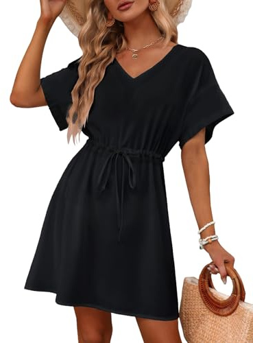 Vossmi Copricostume Donna Estate Coulisse Casual Abito da Spiaggia Allentato a Manica Corta con Scollo a V Chiffon Abito da Spiaggia Coprire Cover Up per Piscina,Nero