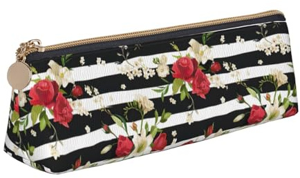 HKHLHLH Black White Stripes Red Rose Flowers Boys Girls Pencil Case for Kids,Multi-Function Pencils Pouch Pen Box for School Work Travel