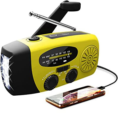 Wind up Solar Radio battery, torch, solar powered radio AM/FM/NOAA, with Solar Charging & Hand Crank & 2000mAh Battery Operated LED Flashlight Cell Charger Reading Lamp Yellow (Yellow)