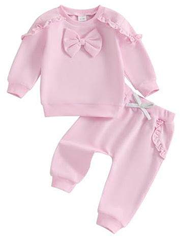 XIXIMAON Infant Baby Girl Tracksuit Long Sleeve Crew Neck Ruffle Bow Sweatshirt Drawstring Trousers Set Toddler Autumn Clothes Newborn Winter Outfits (Pink, 12-18 Months)