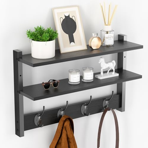 Orapoke Two-Tier Wall Shelf with Hooks, 17 Coat Rack Wall Mount with Shelf, Entryway Key Hooks for Wall with Heavy Duty Double Hooks, Coat Hook Wall Mounted for Bedroom, Living Room, Black