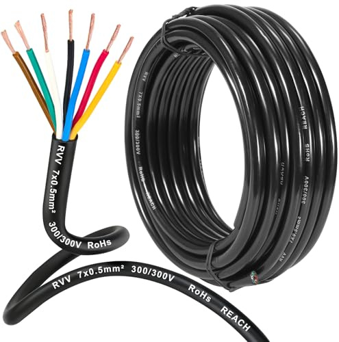 D-TECH Cable de Remolque 7 Polos 10M, Cable Redondo de 7 Pines para vehículo, 5V-80V Cable Luces Remolque 7 núcleos,Cable de Coche 7 Polos Cable para Enchufe de Remolque 0,5mm²