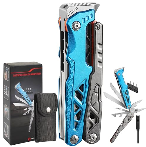 Olubfdh Pince Multifonction en Acier Inoxydable 17 en 1, Couteau Multifonction avec Sac, Outil Multitool Scie Embouts Tournevis Ouvre-Bouteille pour Camping, Extérieur, Randonnée, Survie, Réparation