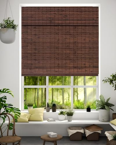72''W X 72''H Cordless Bamboo Roman Shades for Interior Windows, Roll Up Bamboo Blinds with Valance, Light Filtering, Easy to Install, Coffee Color