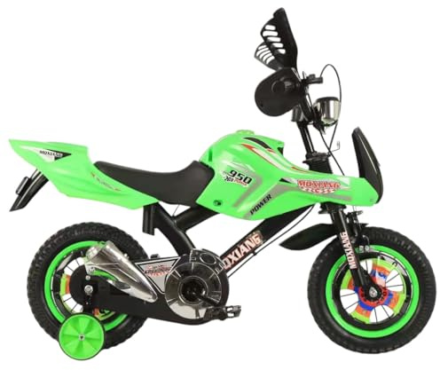 Touch of Venetian 12 16 Boys Motorcycle Bike with Stabilisers Black Red Green Blue Pink Moto Wheels Kids Bicycle for Ages 2-9 Years Old Sound Motorcross (Green, 12 Inch)