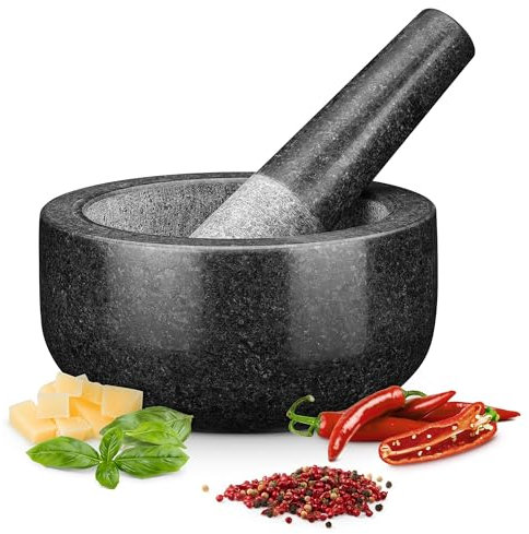 H&S Mortaio con Pestello in Granito - Set Pestello e Mortaio Pesto in Pietra - Macinazione Spezie Erbe Semi Frutta Secca - Pestino Impasti Secchi e Umidi - Ø 16 cm