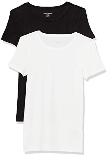 Amazon Essentials Women's Slim-Fit Short-Sleeve Crewneck T-Shirt, Pack of 2, Black/White, Medium