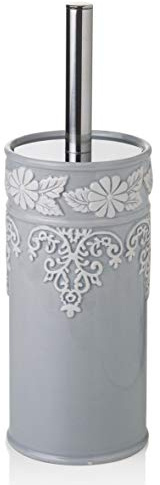 Baroni Home Scopino con Porta Scopino WC in ceramica grigia decorata 10X10X32 cm