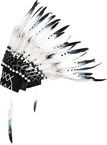 Ruspela Copricapo indiano con piume per adulti unisex, nero e bianco, per feste e festival