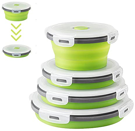 Virklyee 4 PCS Rotondo Pieghevole contenitori per Alimenti Silicone Scatole bento Lunch Bento Box Contenitori pieghevoli in silicone Scatola Bento Pieghevole Pieghevoli (Verde Tondo o2)