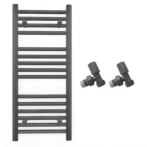 400mm Wide Straight Anthracite Grey Heated Bathroom Towel Rail Radiator With Valves For Central Heating UK (With Angled Valves, 400 x 800 mm (h))