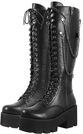LISHAN Women's Platform Boots Motorcycle Punk Combat Gothic Lace Up Zipper Knee High Black Boots, Black, 9 UK