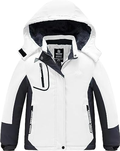Wantdo Giacca da Sci Montagna Invernale Parka da Neve Caldo con Cappuccio Cappotto da Snowboard Giubbotto Impermeabile Bambina Bianco Nero 140-146