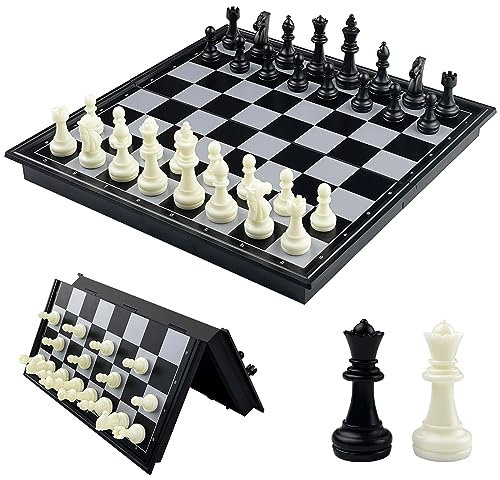 Fousenuk Schachbrett Magnetisch, Einklappbar Schachspiel Hochwertig, Reiseschach Figuren, Chess Board, Schachset, Schachfiguren für Kinder und Erwachsene 25 × 25 cm Schwarz/Weiß