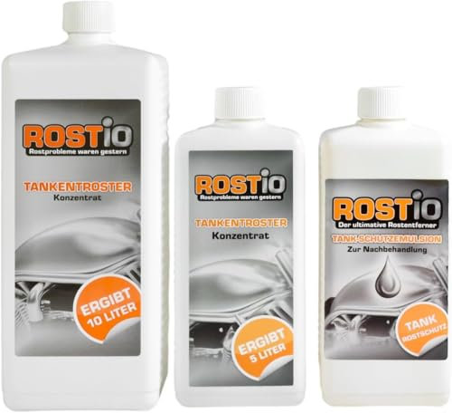 Rostio Tankentroster Set 1,5L + 500ml Tank-Schutzemulsion – Entroster-Konzentrat 1:10 verdünnbar – für Tanks bis 15L – entfernt Rost vollständig – Schutzfilm gegen Flugrost – Tankpflege & Sanierung
