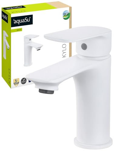 aquaSu® Wasserhahn Bad Weiß, Waschtischarmatur mit Zugstange, Einhebelmischer für Waschbecken, Badarmatur mit Ablaufgarnitur, Mischbatterie mit Wassersparmischdüse, Messingkern, werkzeuglose Montage