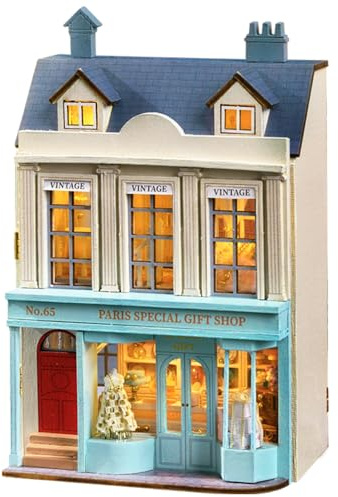 CUTEROOM Miniature House Kit, Wooden Doll House Kit Mini House Making Kit with Furnitures and LED Light, DIY House Kit for Adults Birthday Gift for Women and Girls (Gift Shop)