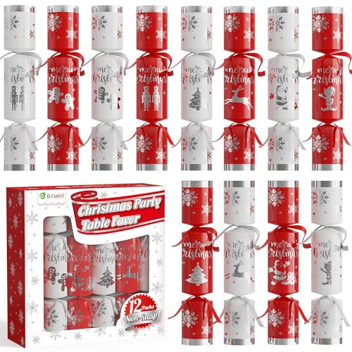 D-FantiX 12 Pack Christmas Crackers Party Favors with Red & White Snowflake Design, No-Snap Party Table Favors with Party Hats Joke Little Gifts, Xmas Holiday Dinner Traditions Supplies