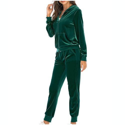 NSICBMNO Green Tracksuit Womens Full Set Two Piece Outfit Velour Zip Up Tracksuits Velvet Hoodies Fleece Jacket Baggy Sweatpants Joggers Suit 2 Piece Workout Outfits With Pockets Loungewear Set