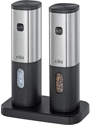 cilio Moulin à poivre et à sel électrique TIVOLI | Set de moulins en acier inoxydable et plastique | Broyeur réglable en céramique | Lumière LED | Station de charge et de rangement | Fonctionne avec