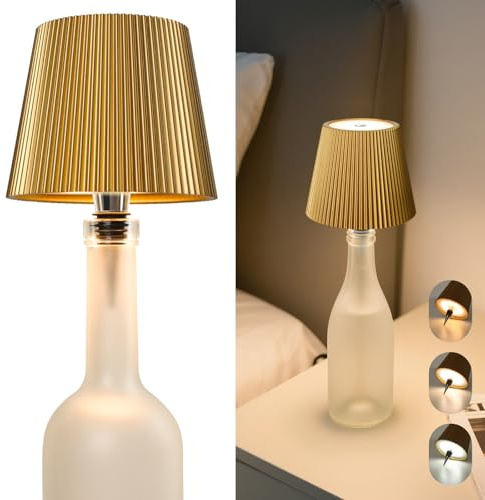 Beaeet Lampada per Bottiglia LED Oro Senza Fili, Touch Dimmerabile 3 Colori, Ricaricabile USB-C, Decorativa per Casa Terrazzo Campeggio Feste Regalo