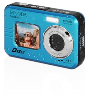 Minolta 48MP Underwater Digital Camera – 5K Ultra HD Video, Autofocus, 16x Digital Zoom, Dual LCD Screens, Selfie Front Screen, Waterproof to 13ft, Rechargeable Battery, 32GB Card (Blue)