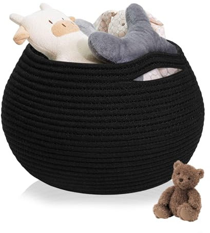 Paniers Tressés, 1 Paniers de Rangement Tressés, Corde en Coton Macramé Fait à la Main pour Jouets, Cosmétiques, Salle de Bain, Rangement de Papier Toilette (Rond Noir)