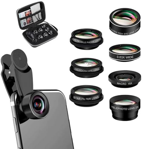 Lente de teléfono portátil, kit de lentes 7 en 1 para teléfono móvil, ojo de pez de 198°, gran angular 0.63X, Macro 15X, lente vertical 2X, CPL, lente Starlight, lente caleidoscopio