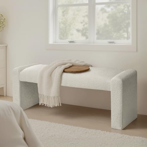 SIMTONAL 47 End of Bed Bench, Modern Fabric Upholstered Entryway Bench, Footrest Stool Accent Bench with Solid Wood Frame for Bedroom Living Room, White